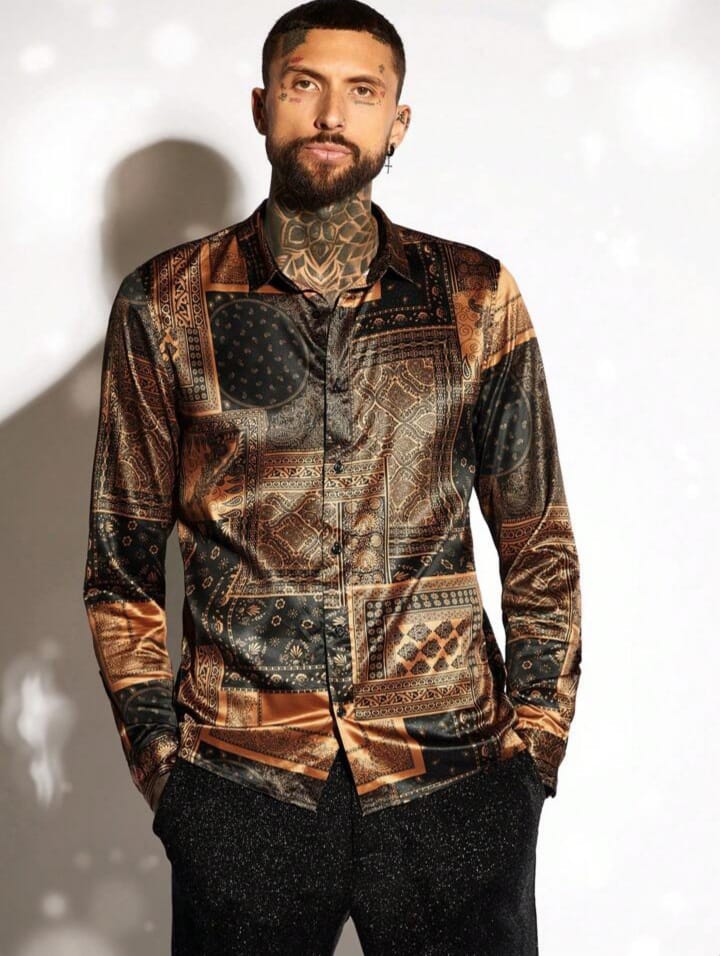 Men's  Patchwork Printed Casual Button up Collar Prom Vintage Long Sleeve Shirt